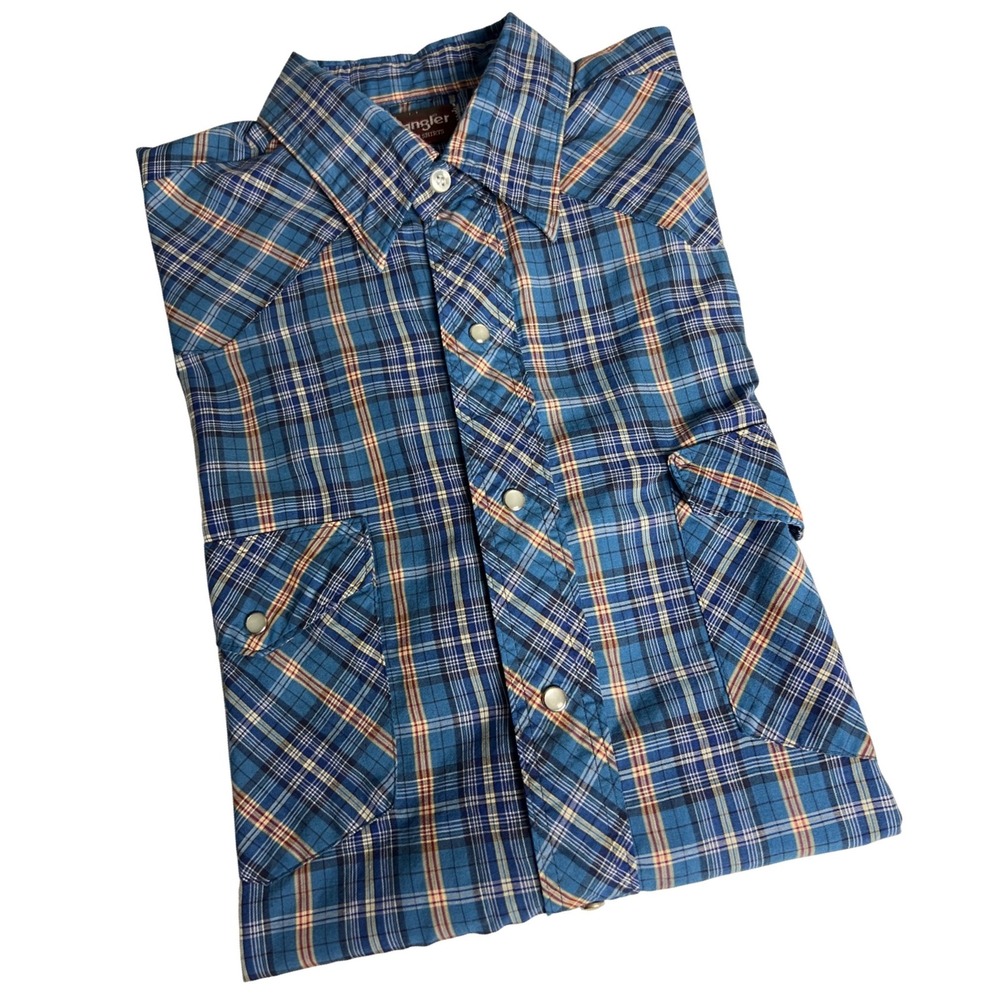 Wrangler Western Shirt Men LT Blue Plaid Pearl Snap Short Sleeve Tall Cowboy F03